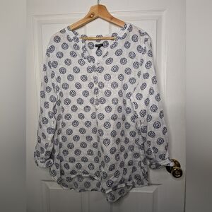 Talbots Womens Top 100% Linen Size XL White Blue Popover Button Blouse Shirt